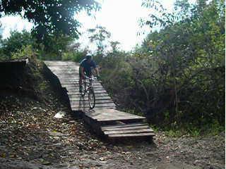 A cyclist riding over a wooden ramp on a trail surrounded by greenery and trees. The wooden structure is slightly elevated and leads into a forested area. Markham Park mountain bike trail.