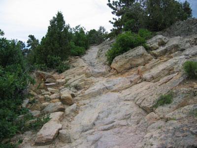 Rocky hiking trail surrounded by vegetation and trees, leading uphill. Red Rocks / Dakota Ridge mountain bike trail.