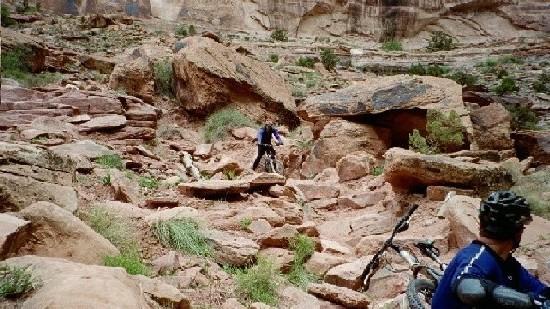 Two mountain bikers navigating a rocky terrain in a natural landscape. One biker is actively riding over large stones while the other is visible in the foreground, observing the scene. The area is characterized by red rocks, sparse greenery, and a rugged backdrop. Porcupine Rim mountain bike trail.