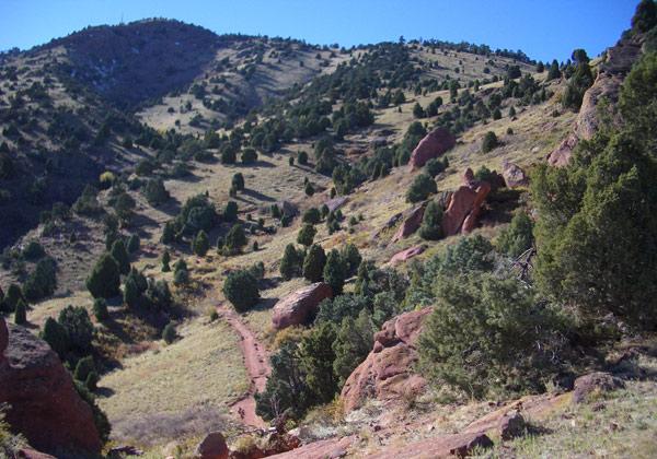 A scenic view of a valley surrounded by rolling hills, featuring a winding dirt path leading through patches of greenery and clusters of trees. The landscape showcases a variety of plant life with rocky formations scattered throughout, set against a clear blue sky. Red Rocks / Dakota Ridge mountain bike trail.