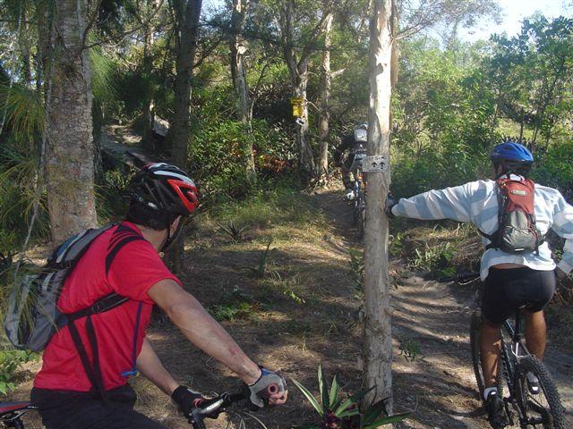 Two mountain bikers paused on a scenic trail surrounded by lush vegetation. One cyclist, wearing a red shirt and helmet, looks back while the other, dressed in a white jacket, prepares to continue up the path. The background features trees and a winding trail, suggesting an adventure in a natural setting. Markham Park mountain bike trail.