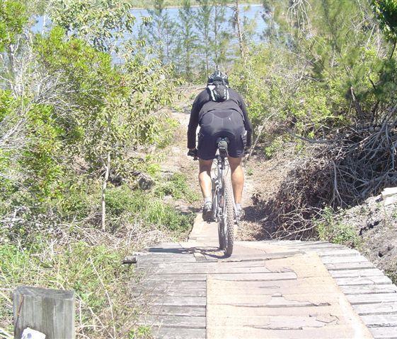 A mountain biker riding along a wooden path through a natural setting, surrounded by shrubs and trees, with a body of water visible in the background. Markham Park mountain bike trail.