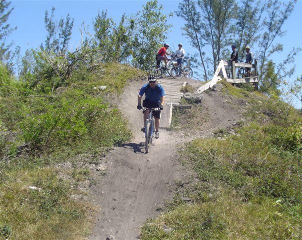 A mountain biker in a blue jersey descends a dirt trail on a vibrant green hillside, while other cyclists observe from the top of the hill. The scene is set under a clear blue sky, surrounded by trees and foliage. Markham Park mountain bike trail.