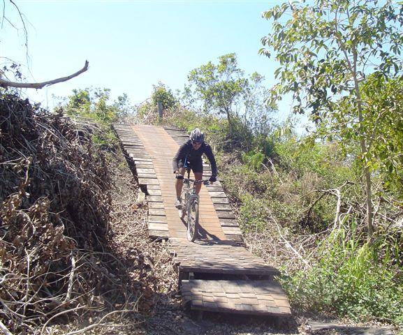 A mountain biker rides down a wooden ramp on a trail surrounded by greenery and trees, showcasing an elevated biking path in a natural outdoor setting. Markham Park mountain bike trail.