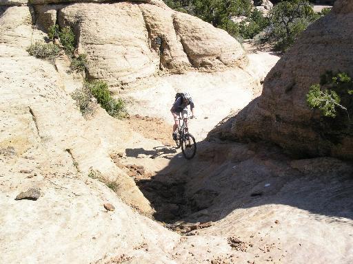 A cyclist navigating through a rocky terrain on a mountain bike, surrounded by rugged landscape and greenery. Gooseberry Mesa mountain bike trail.