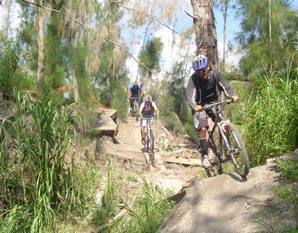 Three mountain bikers navigating a dirt trail surrounded by greenery and trees. The terrain features uneven surfaces, with one rider in the foreground descending a slope, while the others are further back on the path. The scene captures the excitement of outdoor biking in a natural setting. Markham Park mountain bike trail.