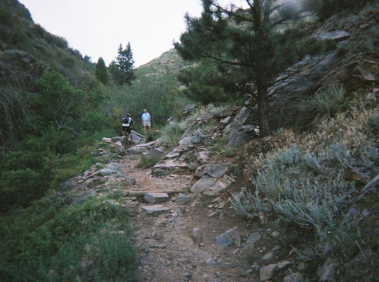 Two hikers walk along a rocky trail surrounded by greenery and trees, with a mountainous terrain in the background. The path is uneven and natural, showcasing a peaceful outdoor setting. Apex Park mountain bike trail.