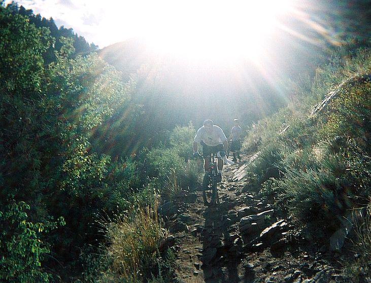 Two mountain bikers navigate a rocky trail surrounded by lush greenery, with bright sunlight illuminating the scene from behind. The sunlight creates a glimmering effect, adding a vibrant atmosphere to the outdoor adventure. Apex Park mountain bike trail.