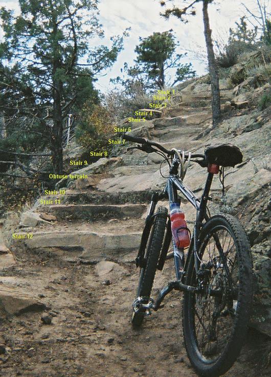 Mountain bike parked next to a steep, rocky trail with labeled steps indicating various levels of elevation. The surroundings feature trees and rocky terrain under a cloudy sky. Red Rocks / Dakota Ridge mountain bike trail.