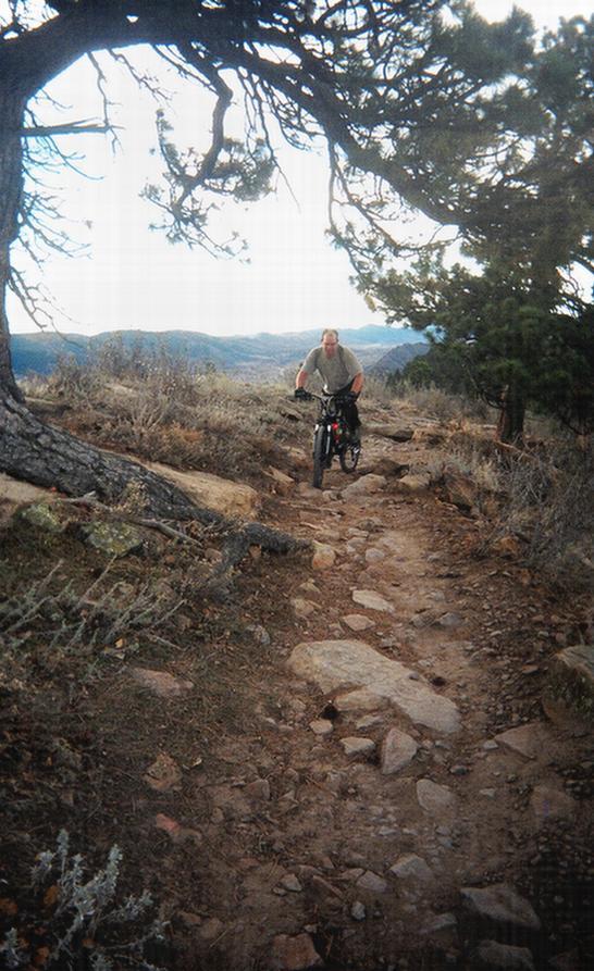 A person riding a mountain bike along a rocky trail, surrounded by trees and shrubs, with a mountainous landscape in the background. Red Rocks / Dakota Ridge mountain bike trail.