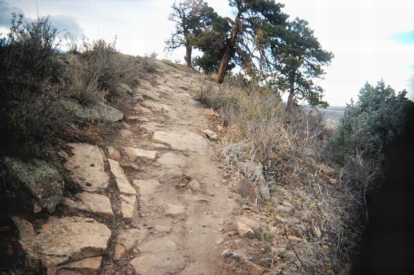 A rocky trail winding upward through sparse vegetation and trees, set against a cloudy sky. Red Rocks / Dakota Ridge mountain bike trail.