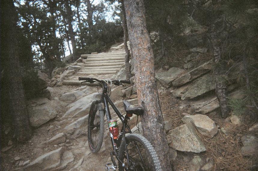 A mountain bike leaning against a tree, with a rocky path leading up to a wooden staircase in a forested area. Red Rocks / Dakota Ridge mountain bike trail.
