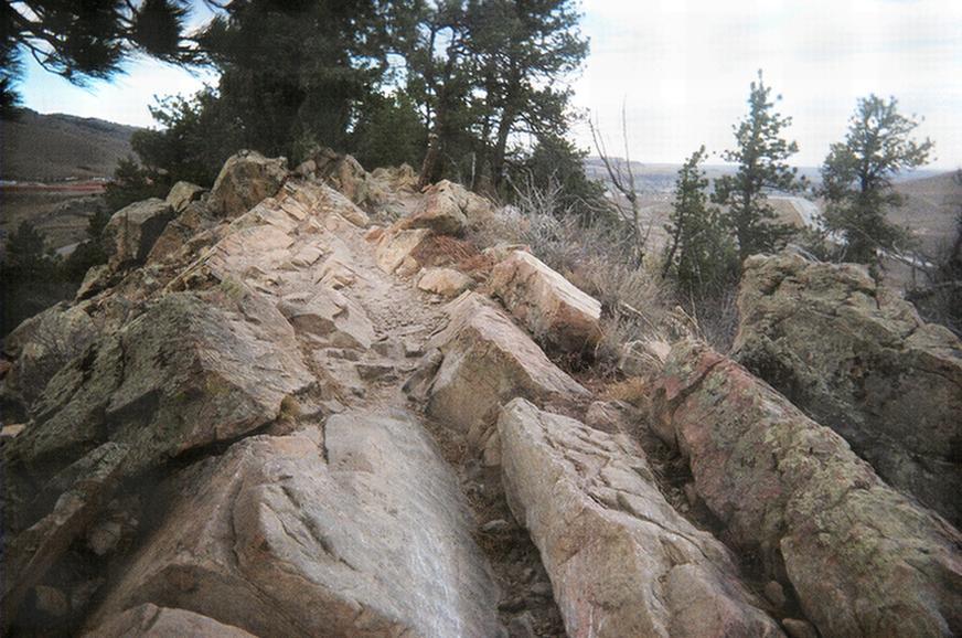 Rocky ridge leading through sparse trees with a scenic view of the landscape in the background, showcasing rugged terrain and natural rock formations. Red Rocks / Dakota Ridge mountain bike trail.