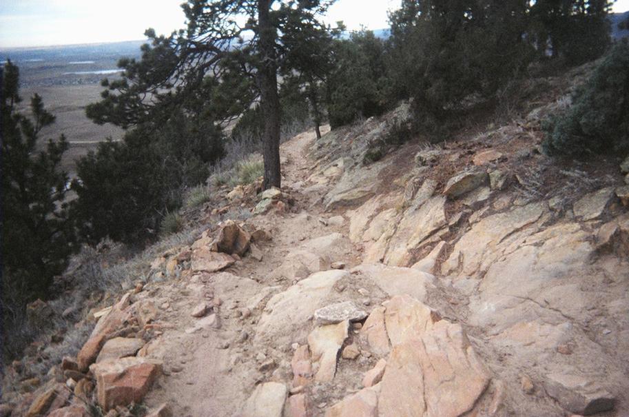 A rocky hiking trail winding through a wooded area, with trees on either side and a distant view of a valley and water. The ground is uneven, featuring patches of dirt and exposed stones. The scene is set under a cloudy sky. Red Rocks / Dakota Ridge mountain bike trail.