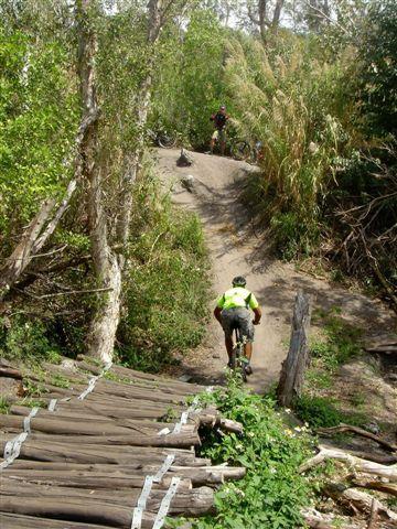 A mountain biker rides down a dirt trail surrounded by lush greenery, with wooden planks forming part of the path. In the background, another cyclist can be seen. The terrain is uneven, showcasing a natural outdoor setting for biking. Markham Park mountain bike trail.