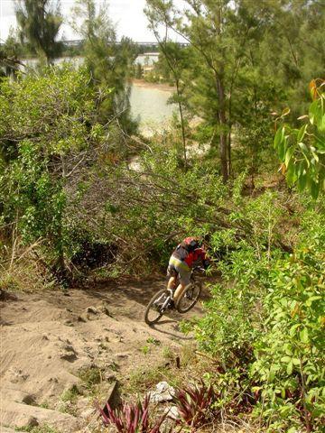 A mountain biker descends a rocky, uneven trail surrounded by lush greenery and trees, with a body of water visible in the background. Markham Park mountain bike trail.