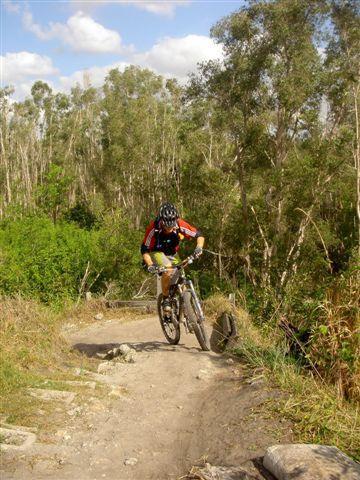 A mountain biker navigates a narrow dirt trail surrounded by lush greenery and trees under a partly cloudy sky. Markham Park mountain bike trail.
