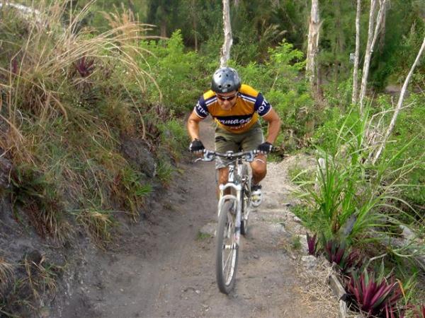 A mountain biker navigating a dirt trail surrounded by greenery. The cyclist is wearing a helmet and a colorful cycling shirt, focused on maintaining balance while riding uphill on a rugged path. Markham Park mountain bike trail.