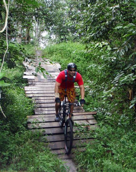 A mountain biker navigating a wooden bridge surrounded by dense greenery in a forested area, wearing a red shirt and patterned shorts. Markham Park mountain bike trail.