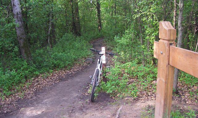 A mountain bike resting against a trail marker on a narrow dirt path surrounded by lush greenery and trees. The trail leads into a wooded area, with a mix of sunlight and shadows filtering through the leaves. Lebanon Hills mountain bike trail.