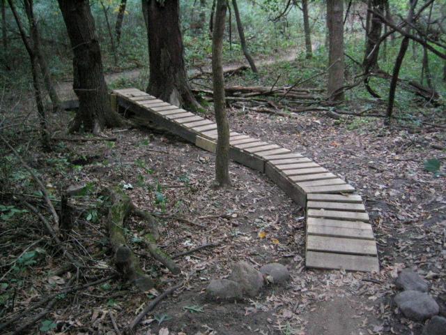 A wooden boardwalk curving through a forested area, surrounded by trees and scattered leaves on the ground. The path is elevated above the ground, providing a clear route through the natural landscape. Lebanon Hills mountain bike trail.