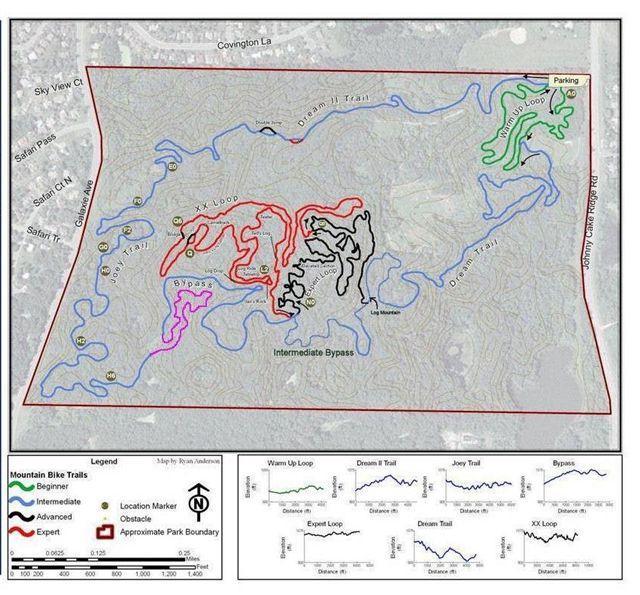 A detailed map of mountain bike trails featuring various routes marked in different colors including red, blue, black, pink, and green. The map includes a legend indicating trail difficulty levels: beginner, intermediate, advanced, and expert. It also shows location markers, obstacles, and the approximate park boundary, with labeled trails such as 'Warm Up Loop', 'Dream II Trail', 'Joey Trail', and 'Bypass'. Graphs indicating elevation changes for different trails are presented at the bottom. The surrounding area is labeled with nearby streets and parking information. Lebanon Hills mountain bike trail.