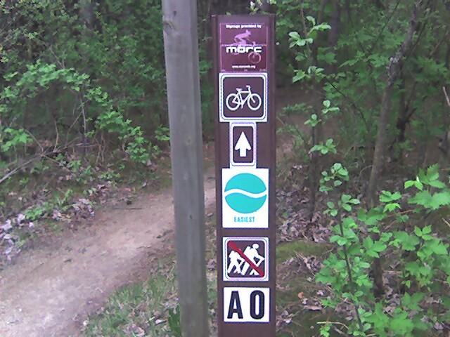 Signpost located along a wooded trail featuring various symbols: a bicycle indicating bike access, an upward arrow for direction, a stylized wave representing a water feature, a construction symbol for trail work, and the letters "AO." Surrounding vegetation includes green leaves and a dirt path. Lebanon Hills mountain bike trail.