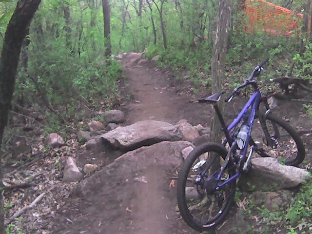 A mountain bike leaning against a large rock on a dirt trail surrounded by dense green foliage and trees. The trail is rocky and winding, indicating a natural outdoor setting suitable for biking or hiking. Lebanon Hills mountain bike trail.