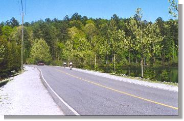 A scenic view of a winding road bordered by lush green trees, with a clear blue sky overhead. Two cyclists ride along the road, and a car is parked on the side, while a calm body of water reflects the greenery. Oak Mountain State Park mountain bike trail.