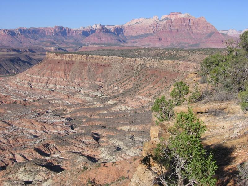 A panoramic view of a rugged landscape featuring layered rock formations in shades of red and gray. The scene includes a distant mountain range under a clear blue sky, with a foreground of rocky terrain and sparse vegetation. The formations exhibit wavy patterns and dramatic cliffs, showcasing the natural beauty of the area. Gooseberry Mesa mountain bike trail.