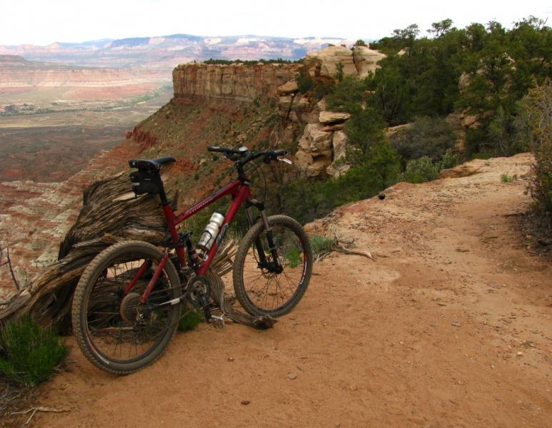 A mountain bike rests on a dirt trail near the edge of a canyon, surrounded by lush greenery and rugged rock formations. The expansive view of the canyon and distant cliffs is visible in the background, showcasing layers of earthy colors. Gooseberry Mesa mountain bike trail.