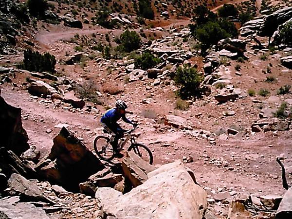 A mountain biker wearing a blue shirt and a helmet navigates over rocky terrain on a dirt trail surrounded by sparse vegetation and steep hills. Klondike Bluffs mountain bike trail.