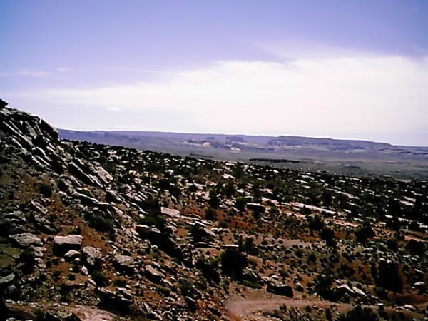 A wide view of a rocky terrain with sparse vegetation, set against a backdrop of distant mesas and a clear blue sky. The landscape features various rock formations and patches of greenery, showcasing the natural beauty of the area. Klondike Bluffs mountain bike trail.
