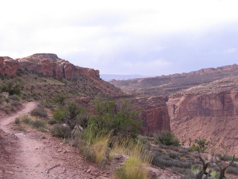 A winding dirt path leads through a rugged landscape. The terrain features rocky cliffs and mesas in the background, with sparse vegetation including shrubs and grasses scattered throughout. The sky is partly cloudy, hinting at an expansive and natural wilderness setting. Porcupine Rim mountain bike trail.