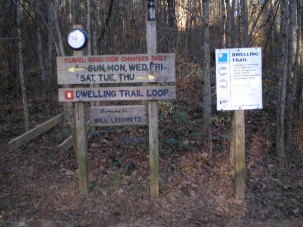 Signage at the entrance of the Dwelling Trail Loop, featuring directions that change daily, a clock, and information about the trail. The sign lists the days for each travel direction and is surrounded by a wooded area. Blankets Creek mountain bike trail.