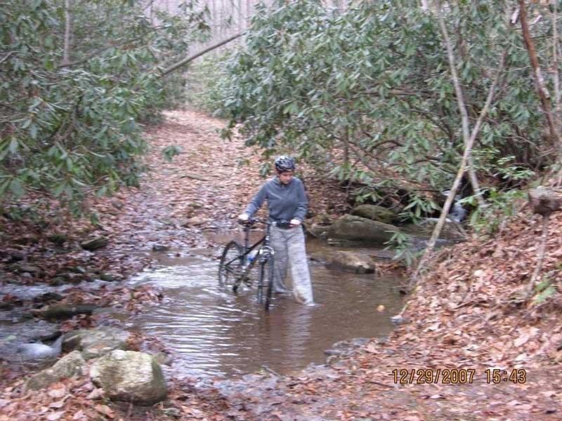 A person standing in shallow water on a muddy trail, holding a bicycle. The surroundings include lush greenery and fallen leaves along the path, indicating a natural outdoor setting. Bull / Jake Mountain mountain bike trail.