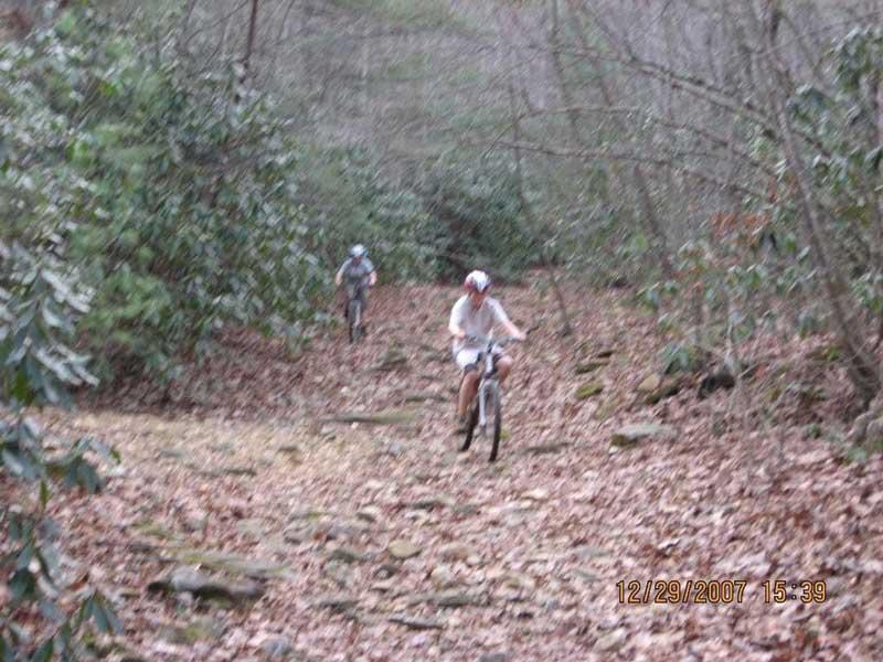 Two mountain bikers riding on a rugged dirt trail surrounded by trees and foliage, with fallen leaves covering the ground. The trail appears steep and rocky, indicating a challenging ride. The scene captures the essence of outdoor adventure. Bull / Jake Mountain mountain bike trail.