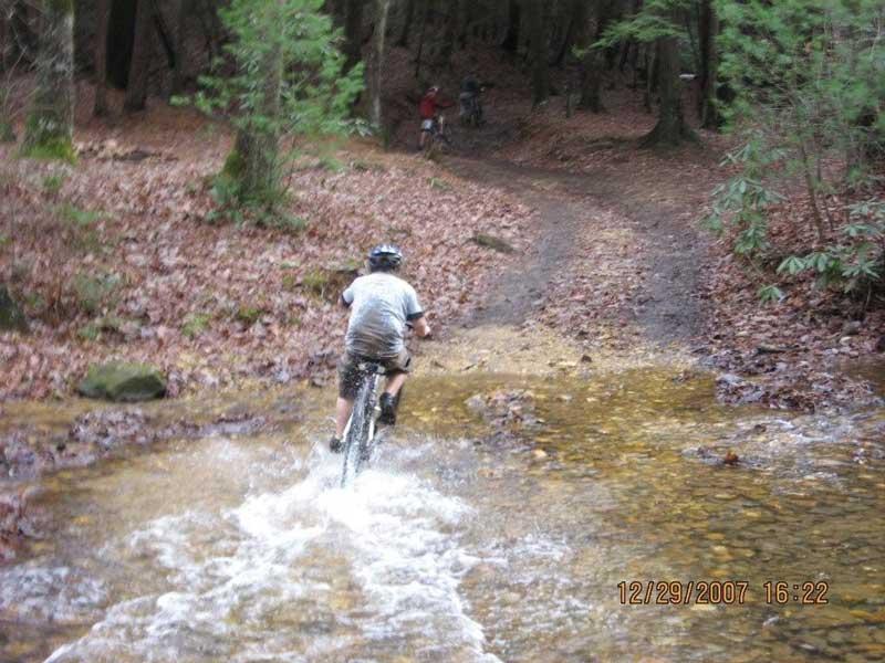 A person riding a mountain bike through a shallow stream on a wooded trail, with fallen leaves scattered on the ground and trees in the background. Two other bikers can be seen on a path in the distance. Bull / Jake Mountain mountain bike trail.