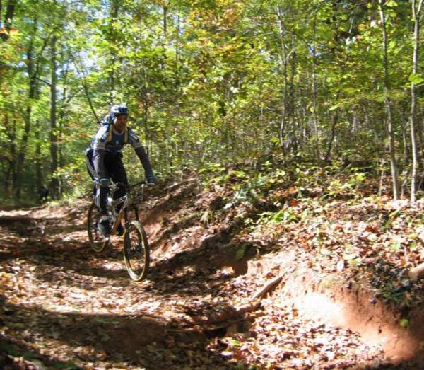 A mountain biker riding on a dirt trail surrounded by trees and autumn foliage. The cyclist is wearing a helmet and athletic gear, navigating the uneven terrain under a clear blue sky. Bent Creek mountain bike trail.