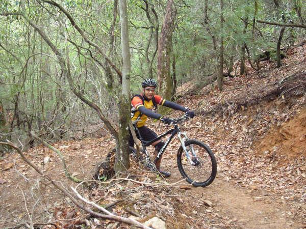 A mountain biker wearing a helmet and colorful cycling gear is navigating a narrow trail surrounded by trees and foliage. The terrain is rocky and covered with fallen leaves, indicating a natural outdoor setting. Bent Creek mountain bike trail.