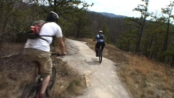 Two mountain bikers navigating a rocky trail surrounded by trees and a mountainous backdrop. One rider is in the foreground, wearing a white shirt and a backpack, while the other, in a blue and black outfit, is ahead on the winding path. The environment appears to be sunny with a clear blue sky. DuPont State Recreational Forest mountain bike trail.