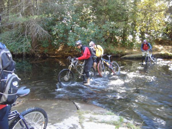 A group of mountain bikers navigating a shallow stream. Some riders are pushing their bikes through the water, while others, in the background, are standing on rocks. The surrounding area features lush greenery, including trees and bushes along the banks. DuPont State Forest mountain bike trail.