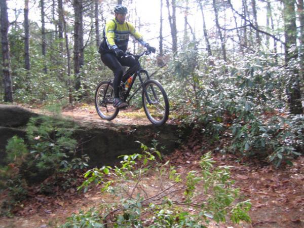 A mountain biker in a yellow and black outfit is jumping off a rocky ledge in a wooded area, surrounded by greenery and fallen leaves. The cyclist is in mid-air, showcasing an action shot against the backdrop of trees. DuPont State Recreational Forest mountain bike trail.