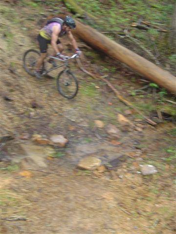 A mountain biker navigating a rugged trail surrounded by trees and large rocks, with a fallen log in the background. The rider is focused and wearing a helmet. The image is slightly blurred, indicating motion. DuPont State Recreational Forest mountain bike trail.