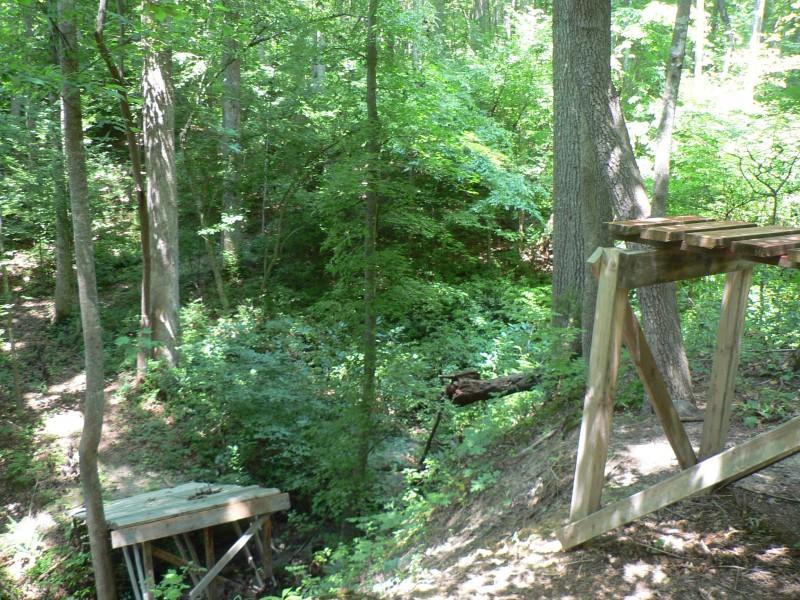 A wooded area featuring lush green foliage, with a small bridge made of wooden planks spanning a shallow ravine. The surrounding environment includes tall trees and dense underbrush, creating a serene and natural setting. Pee Wee's Mountain Bike Park mountain bike trail.