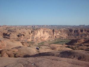 A scenic view of a desert landscape featuring rocky terrain and canyons, with a cyclist on a trail in the foreground against a clear blue sky. Slickrock mountain bike trail.