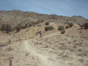 A cyclist riding up a dirt trail through a rocky, arid landscape with sparse vegetation and steep hills in the background under a clear blue sky. Chutes and Ladders mountain bike trail.