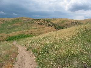 A winding dirt path leads through rolling hills covered in grass, with a backdrop of a partly cloudy sky. The landscape features gentle slopes and patches of greenery, creating a serene natural scene. Green Mountain mountain bike trail.