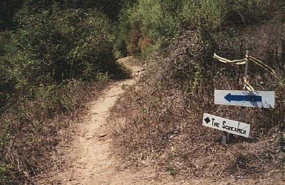 A narrow dirt path surrounded by overgrown vegetation, with a wooden sign pointing left labeled "The Screamer." The trail appears to lead into a wooded area. Lake Bryan mountain bike trail.