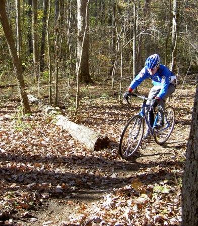 A cyclist in bright blue attire navigates a wooded trail covered with fallen leaves, riding a mountain bike alongside a fallen tree in a forested area. Tanglewood Park mountain bike trail.